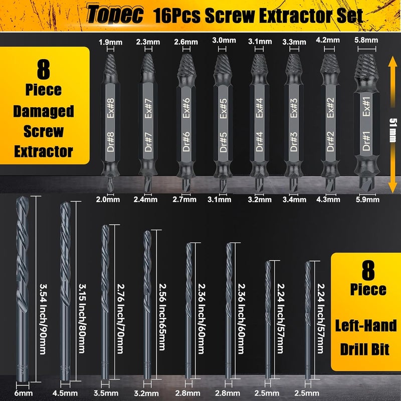 Topec 16PCS Damaged Screw Extractor Set and Left Hand Drill Bit Set, Easy Out Screw Extractor Set with Storage Case, Suitable for Remove Broken, Rusty, Stripped Screw - Image 2